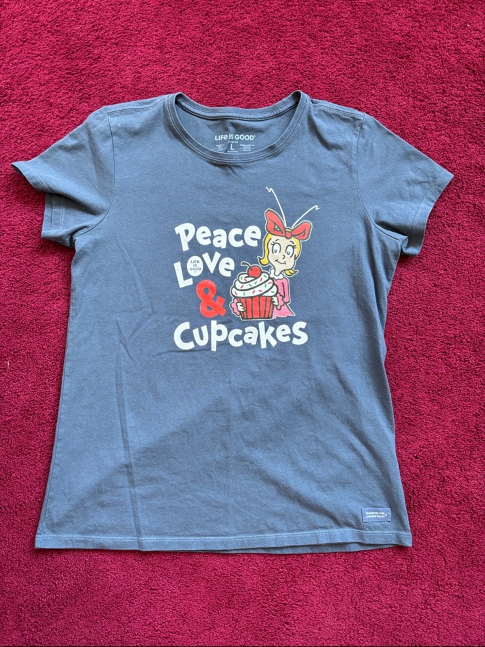 Life Is Good Blue Graphic 'Peace Love & Cupcakes' Tee with Red Accents